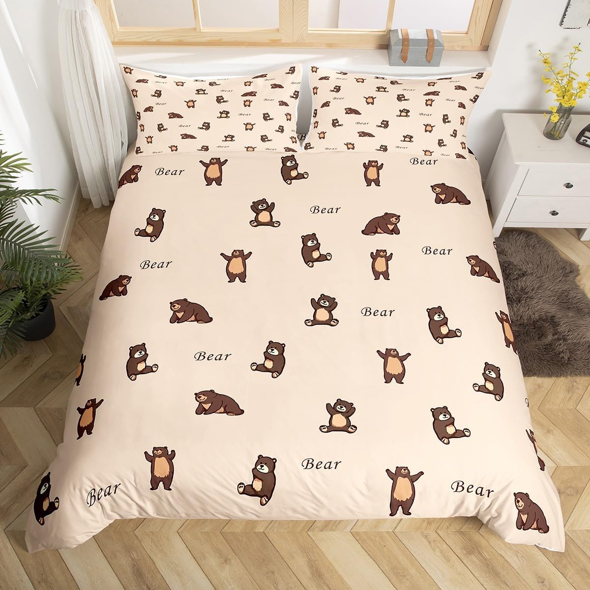 Cute Bear Duvet Cover Set Toddler Size for Kids Girls Boys,Cartoon Bear Pattern Bedding Set for Kids Girls Boys Teens Room Decor,Wild Animals Comforter Cover Light Brown Quilt Cover,1 Pillowcase