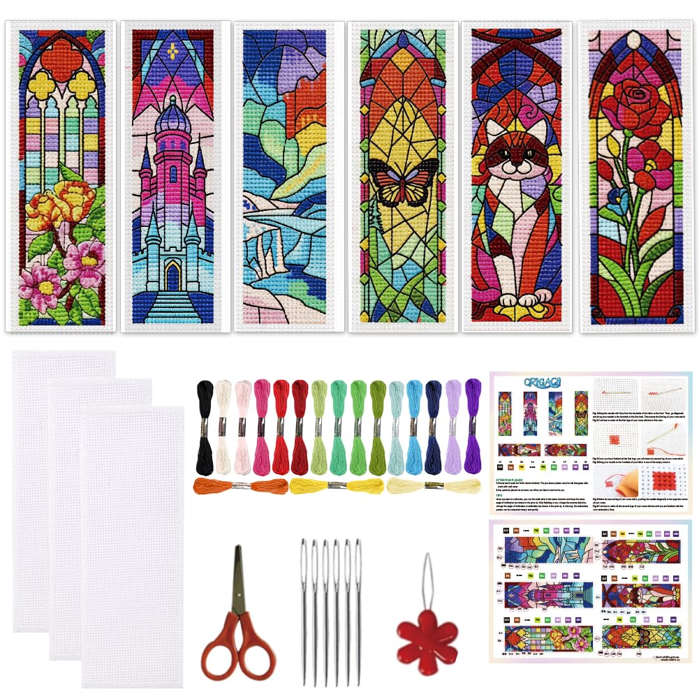 ORIGACH 6 Set Fantasy Colorful Glass Cross Stitch Bookmark Kit for Beginner with Backing Felt Floss Instructions Flower Stars Moon Butterfly DIY Stamped Embroidery Bookmark Kit for Adults, Book Lovers โ image 1