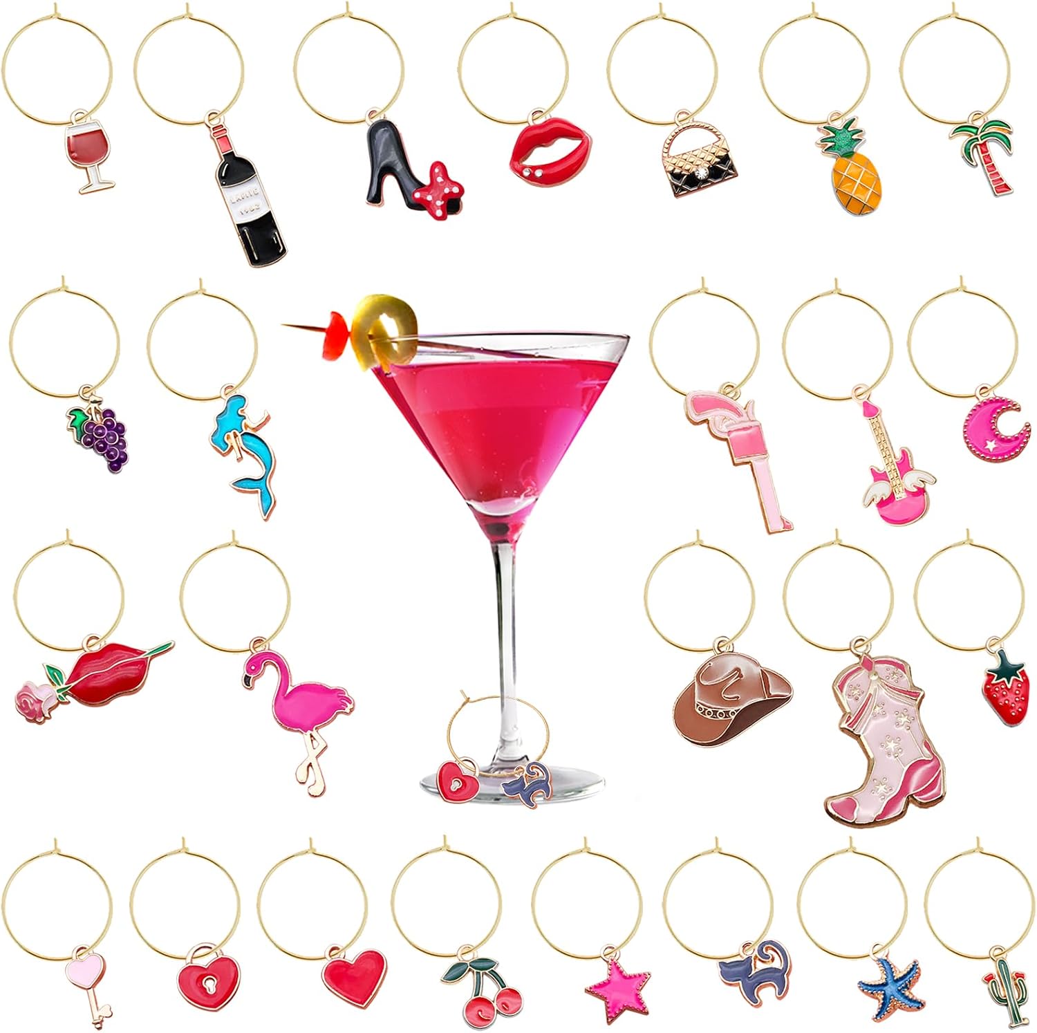 25PCS Wine Glass Charms, Stem Glass Markers Charms Rings Identifier for Wine Tasting Party Wedding Birthday Party Festival Favor