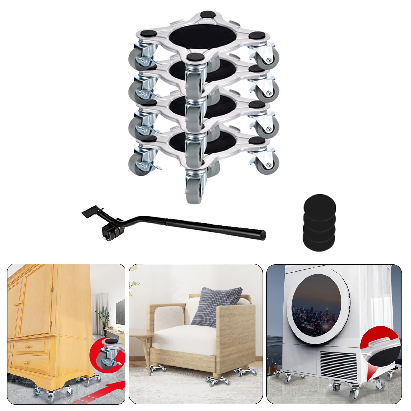 Set di Ruote piroettanti a 360° per mobili, Resistenti e con Freno, Strumento di Sollevamento Professionale per spostare Facilmente i mobili (Modello Piccolo a 4 Gambe)