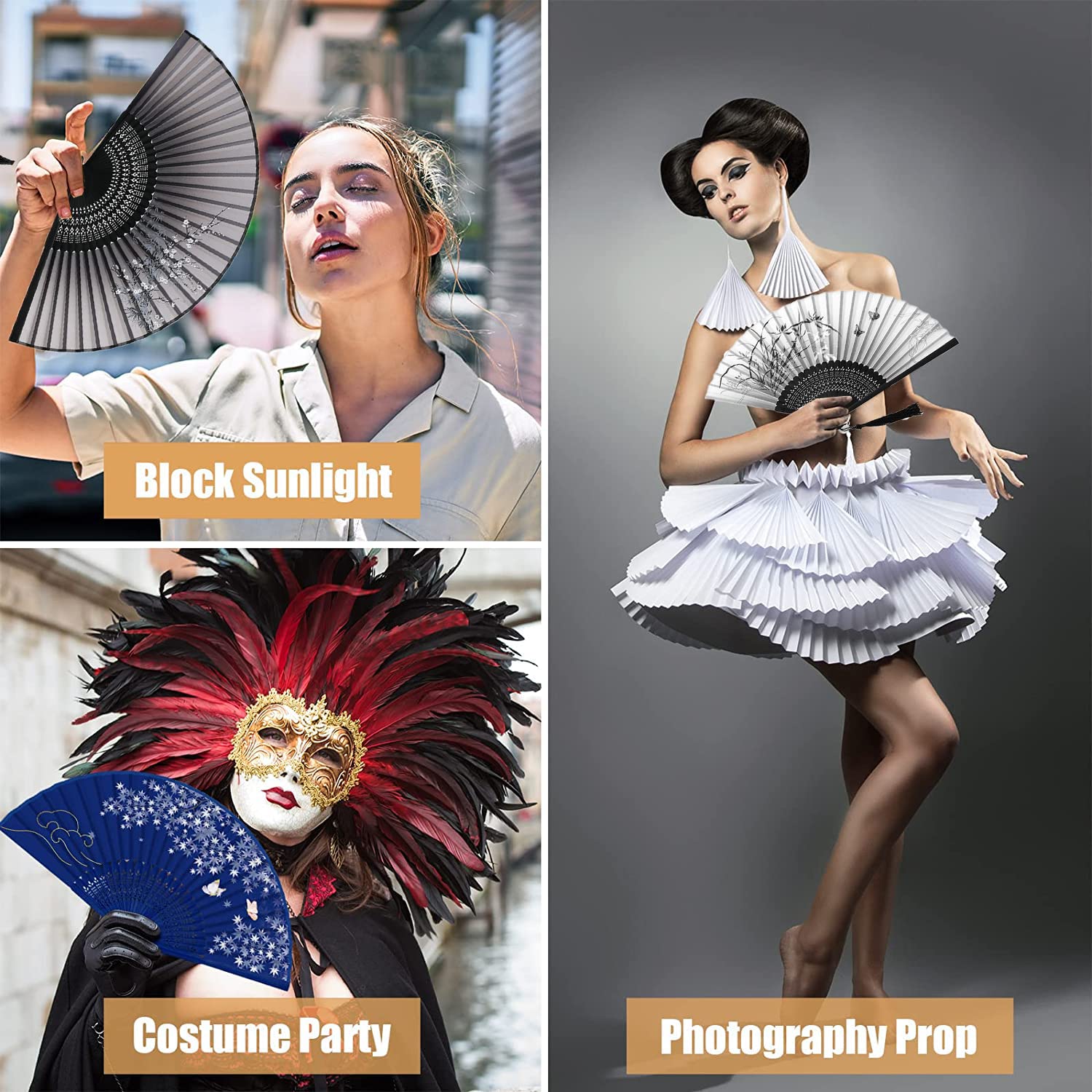 Lot De 4 éventails Pliants En Tissu De Soie Avec Pompon Creux