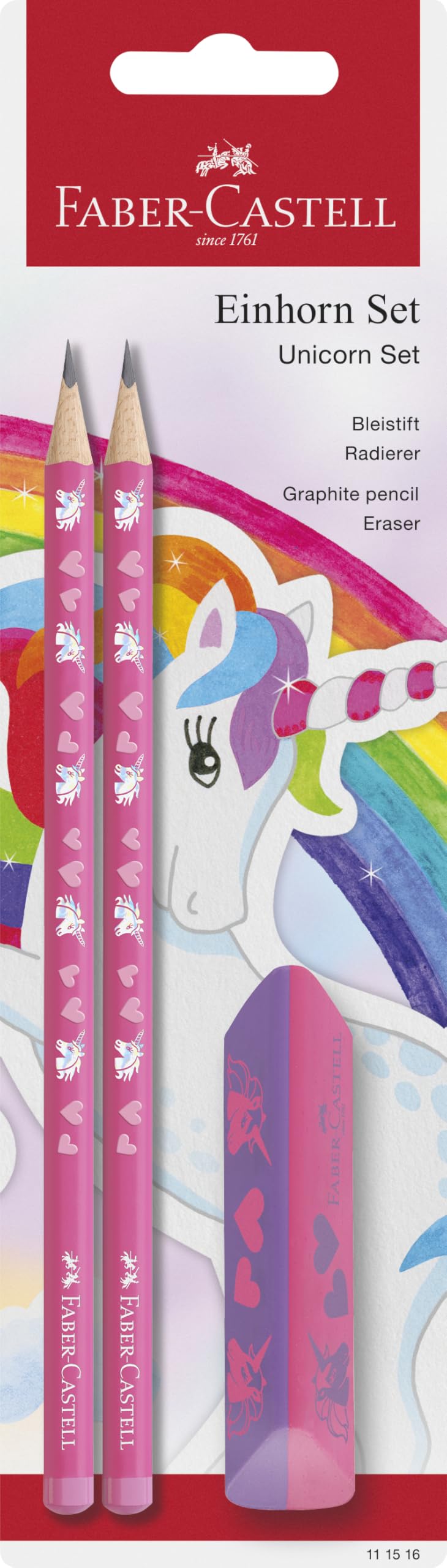 Faber-Castell 111516 - Set di scrittura Unicorno con matite HB e gomma, set scolastico per bambini