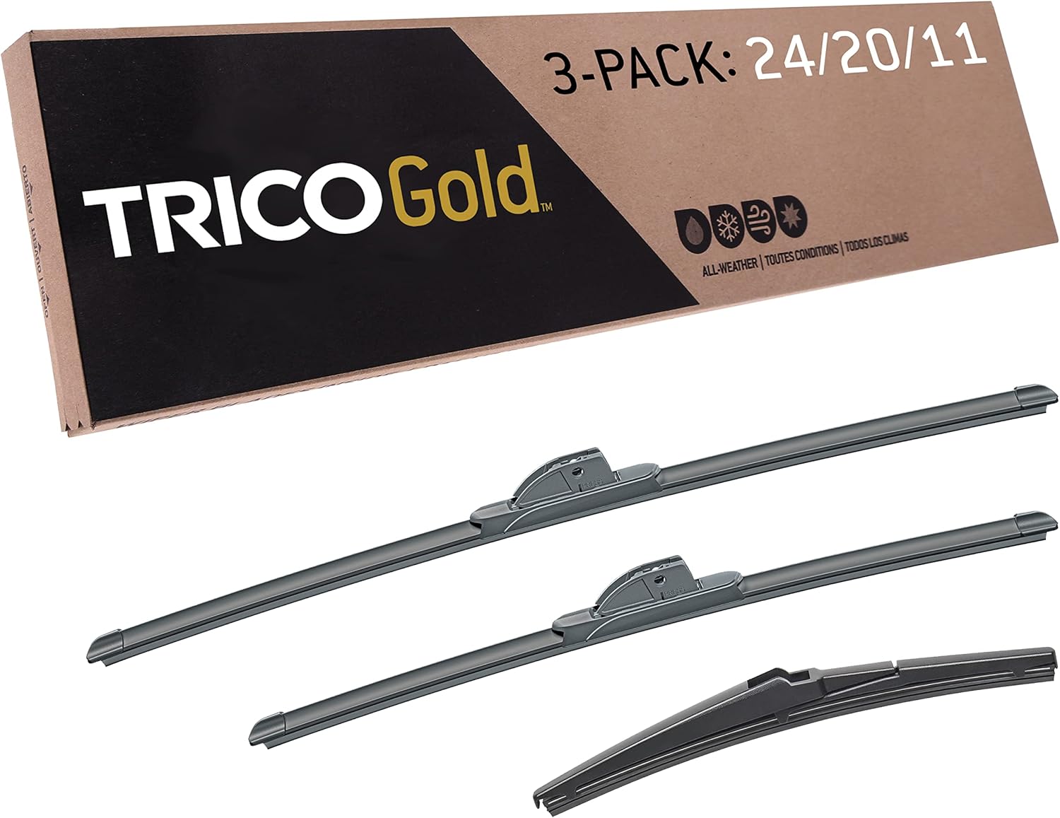 TRICO Gold 3-Piece Driver/Passenger/Rear All-Weather Automotive Replacement Windshield Wiper Blade Kit for Select Cadillac XT4, XT5 & XT6 Model Years; Includes 24", 20" & 11" Premium Beam Blades