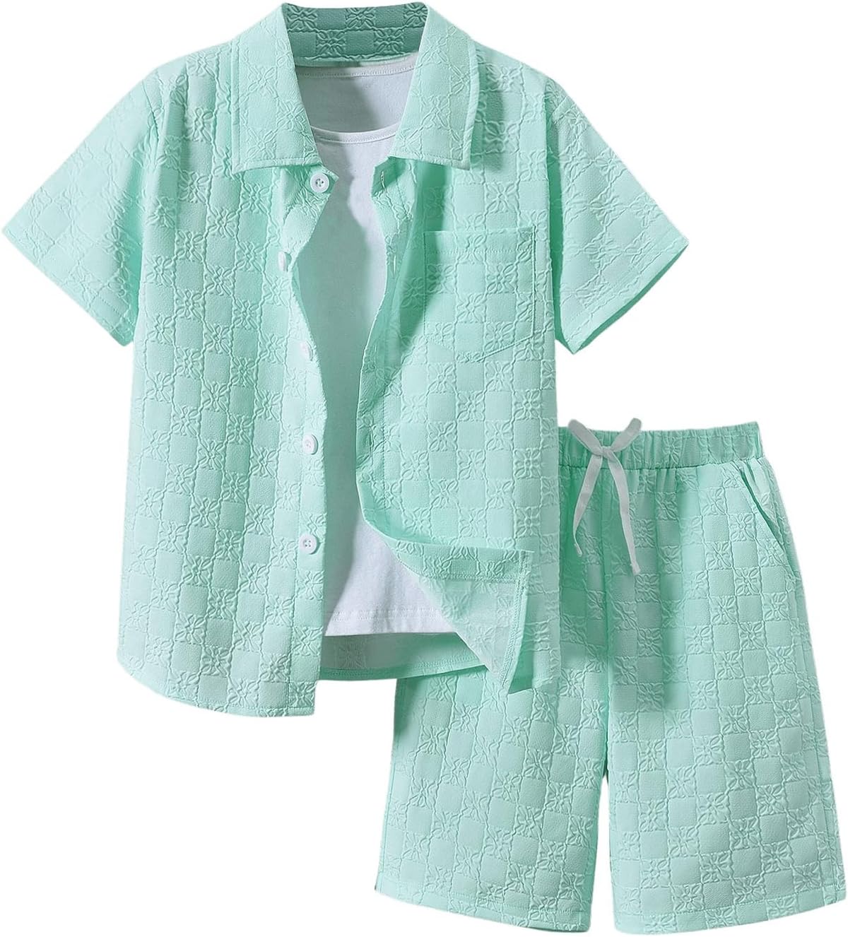 Boy's 2 Piece Beach Vacation Textured Linen Outfit Short Sleeve Button Down Shirt Top and Shorts Summer Set