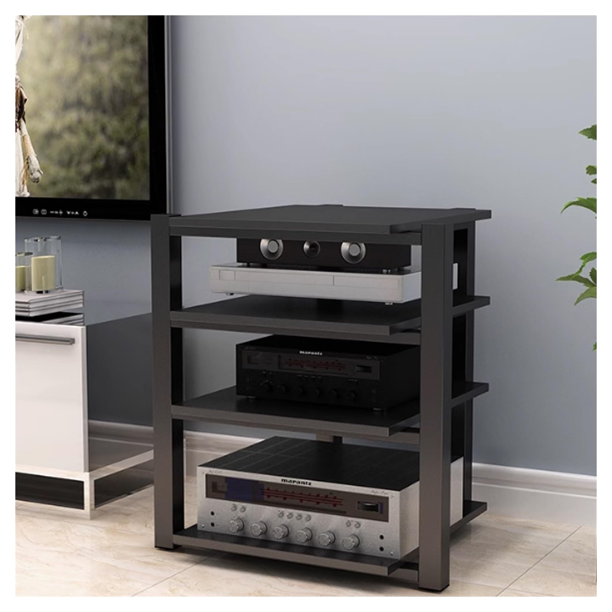 Stojak na media AV, regał na audio-wideo, stojak stereo i organizer do domu, biura i teatru, szafka na media na płyty CD, pokój nagraniowy, stylowa czarna (70 x 55 x 90 cm)