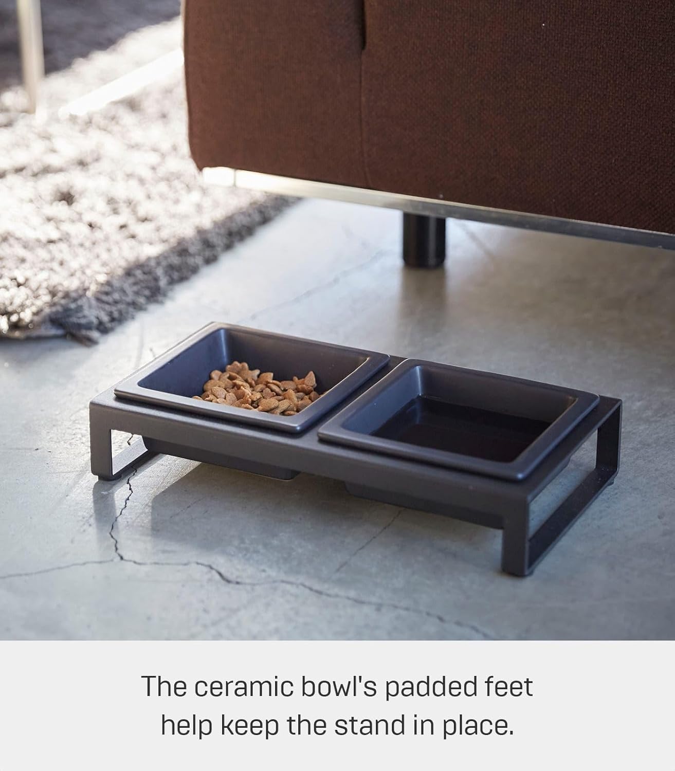 Yamazaki Home Tower Steel and Ceramic Pet Food Stand | 2 Bowls for Food and Water | Feeder for Small Cats and Dogs | Non-Slip - Short - 1.25 Cups, 300 Milliliters Per Bowl