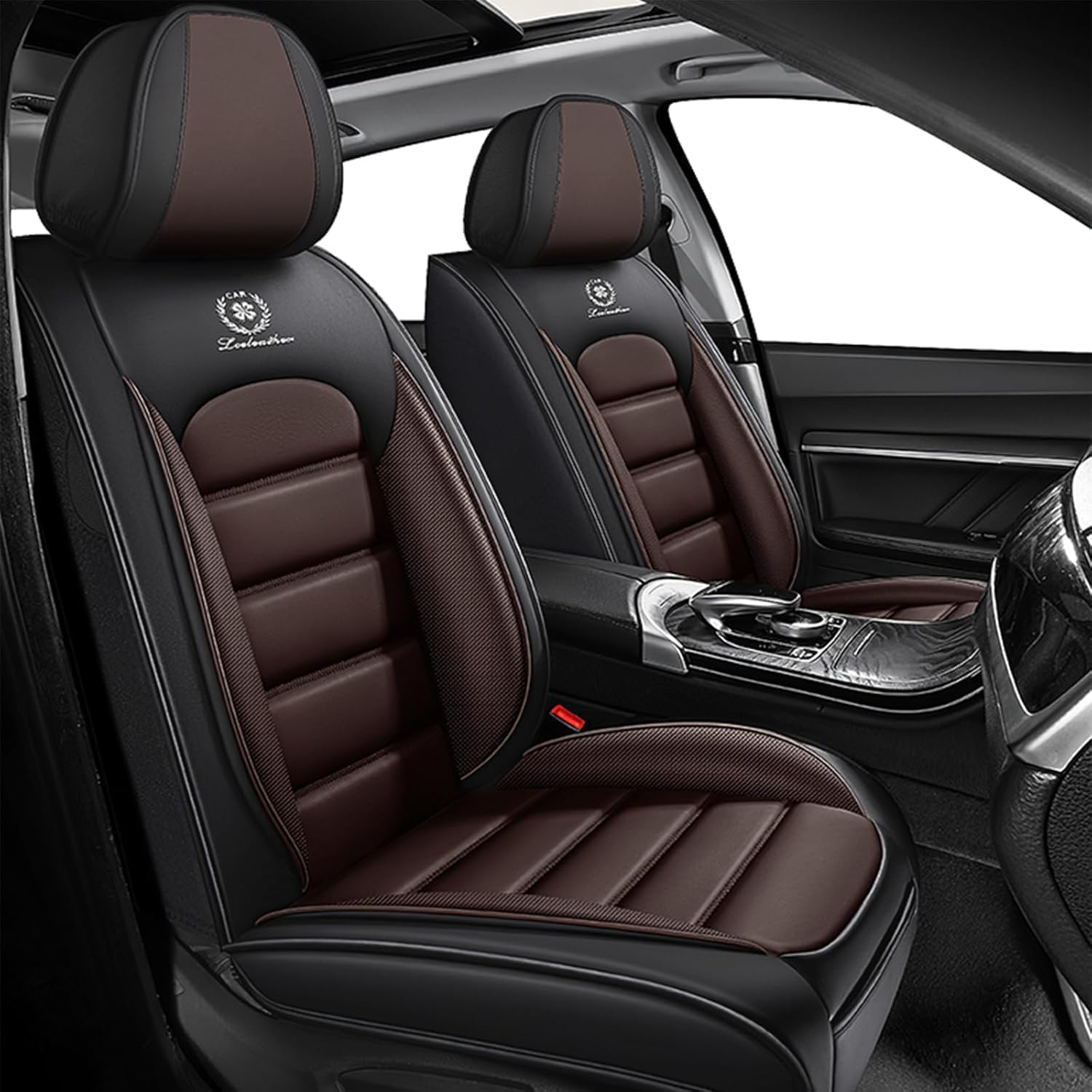 Fit for 98% of BMW Car Seat Covers, Full Surround Faux Leather Anti-Slip Waterproof Auto Seat Cover(Black&Coffee,Front Set)
