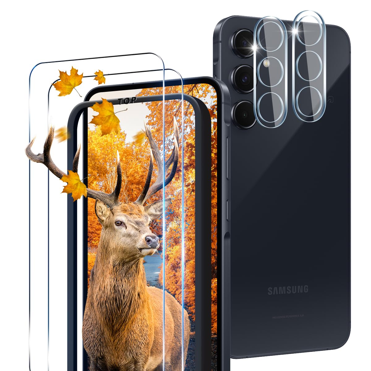 【2+2枚セット 指紋認証対応】 ガイド枠付き 用 Galaxy A55 5G ガラスフィルム 2枚 ギャラクシー A55 5G SC-53E SCG27 フィルム + 2枚 カメラ保護フィルムセッ 【 日本旭硝子製 9H強度 】 対応 Galaxy A55 強化ガラス 保護フィルム ケース 高透過率 3D Touch対応 厚さ0.26 飛散防止 耐衝撃 指紋・汚れ防止 ゼロ気泡 簡単貼り付け