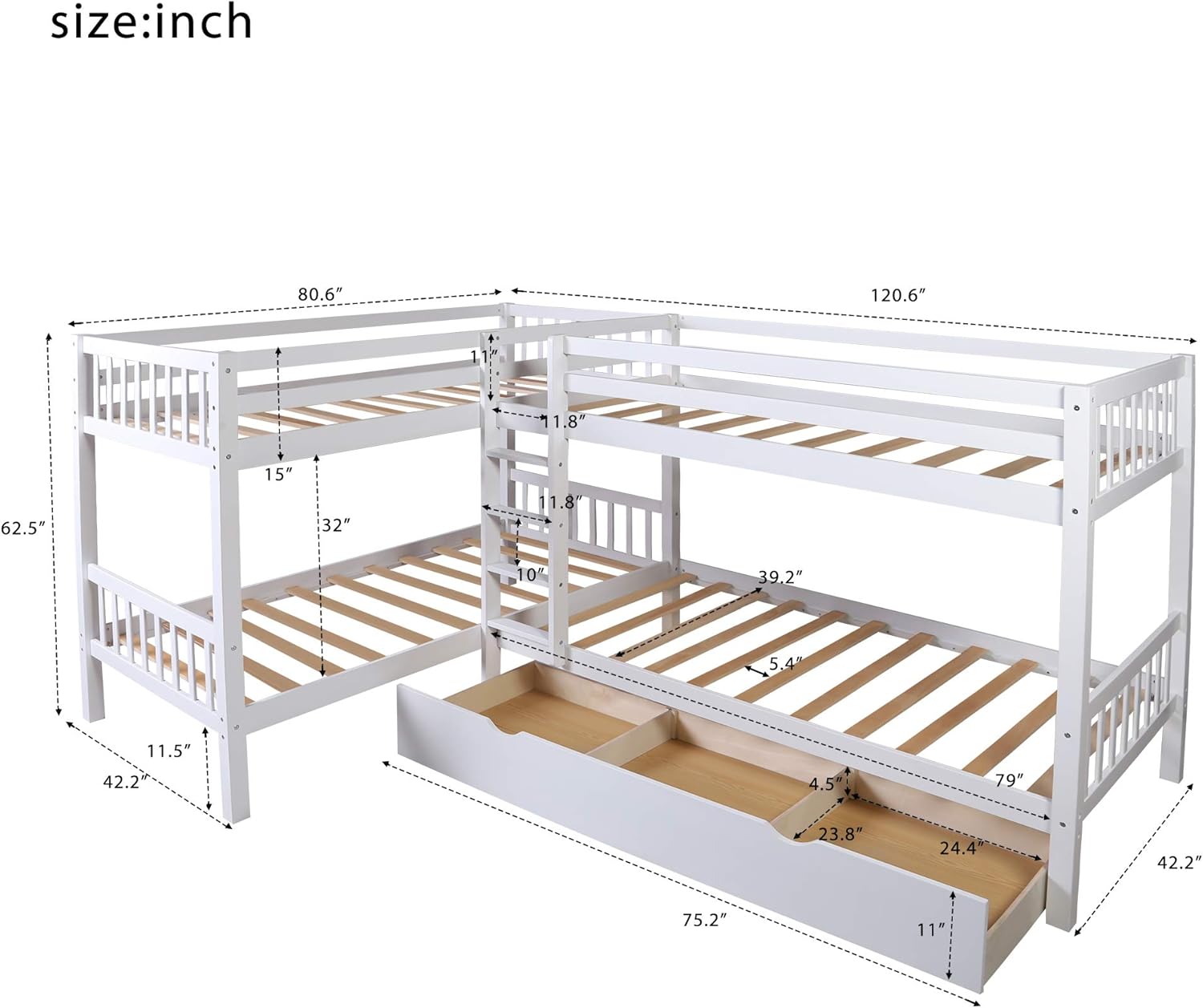 Harper & Bright Designs Twin L-Shaped Bunk Bed with Storage Drawers, Wooden Bunk Bed for 4, White