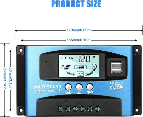 Miniatura 7 de EEEKit MPPT Controlador de carga solar de 100 A, panel solar mejorado de 12 V 24 V, regulador inteligente USB dual, pantalla LCD de retroiluminación