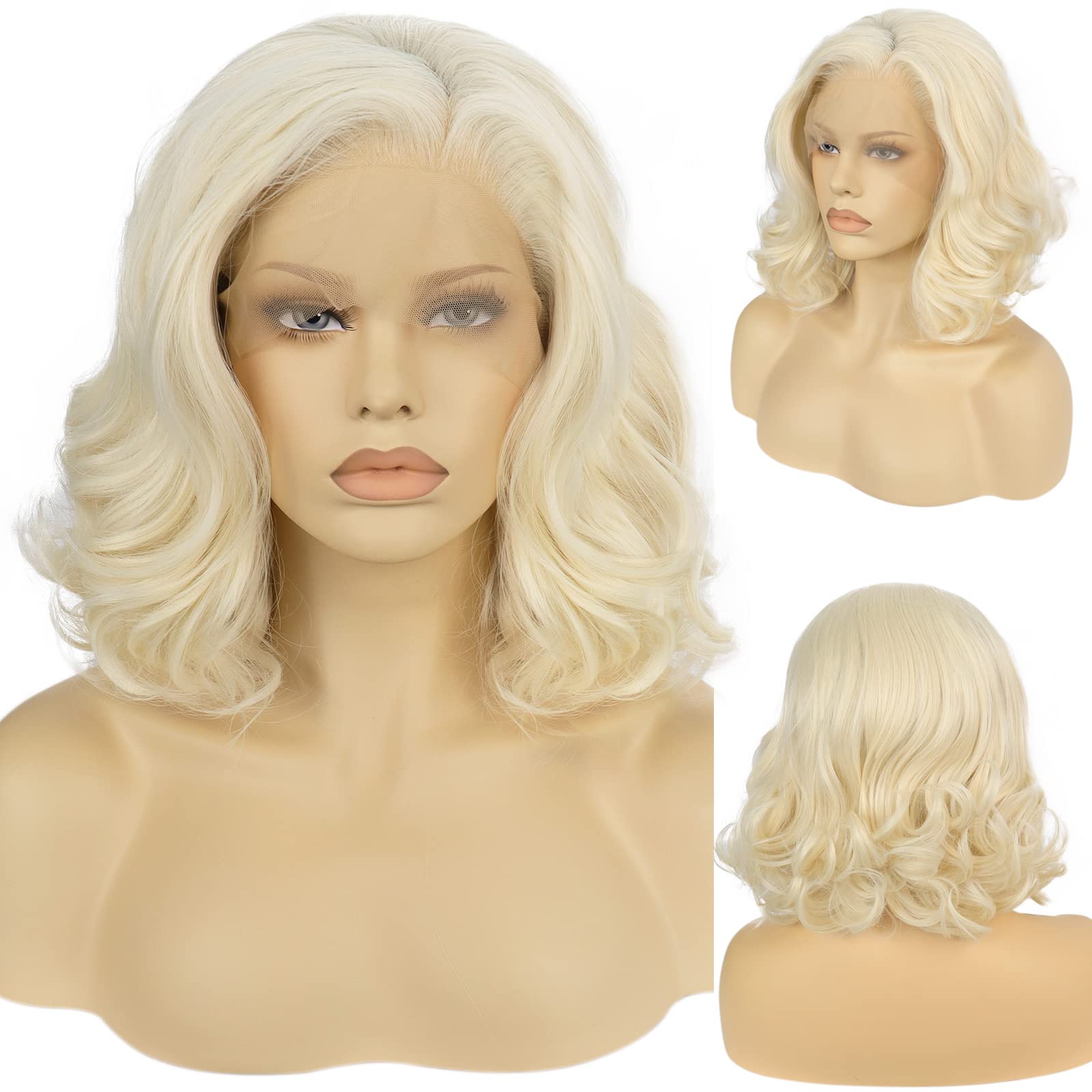 Ebingoo 13Ã—3 Blonde Lace Front Wig for Women + Wig Cap 613 Synthetic Lace Wig Short Wavy Curly Bob Blonde Free Part Wig for Halloween Daily Wear