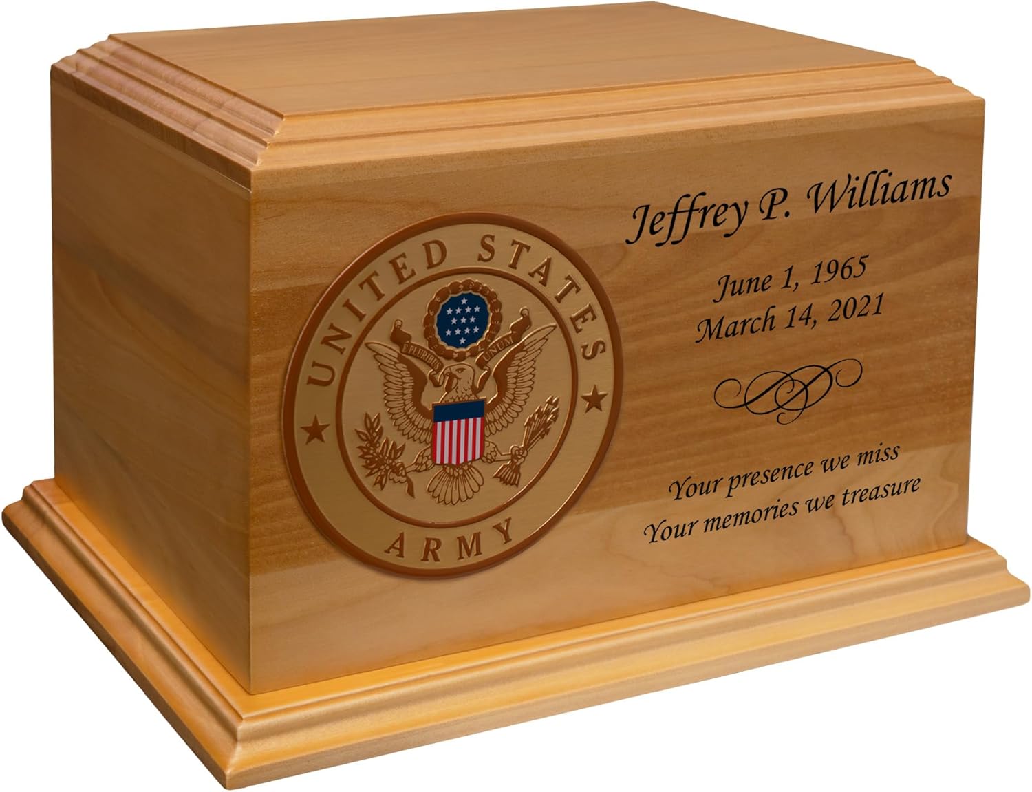 Mainely Urns Army Emblem Diplomat Solid Hardwood Cremation Urn - Solid Wood Urn for Ashes - 210 Cubic Inch Capacity