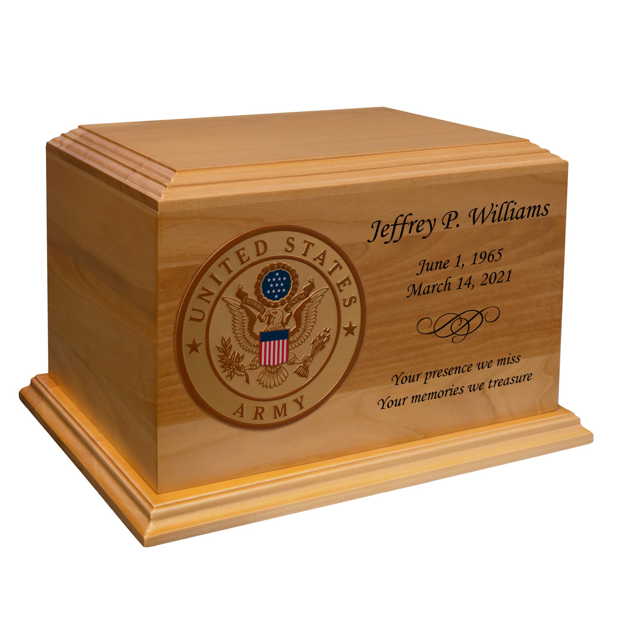 Mainely Urns Army Emblem Diplomat Solid Hardwood Cremation Urn - Solid Wood Urn for Ashes - 210 Cubic Inch Capacity