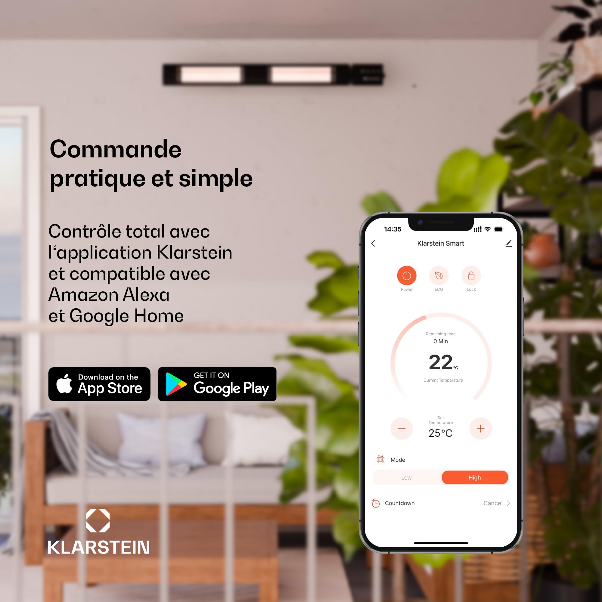 Klarstein Chauffage Electrique à Infrarouge, Chauffage de Jardin 3000W, App Smart WiFi, Télécommande, Minuterie, Affichage LED, Exterieur Terrasse, d'Appoint Econome Sans CO2