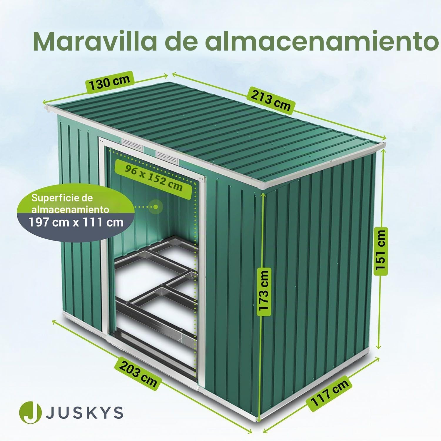 Juskys cobertizo de Metal M 4 m³ con tejado a un Agua, Puerta corredera y Bastidor de cimentación - 213 x 130 x 173 cm - Verde - Caseta para Herramientas de Acero cobertizo de jardín cobertizo
