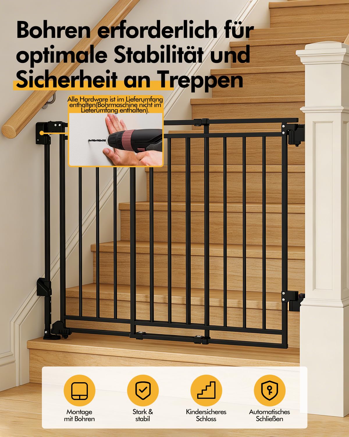 derimkcoa extra breites Treppenschutzgitter von derimkcoa, 74 cm hoch, Sicherheitsgitter für Kinder und Haustiere verstellbare Breite von 67–109 cm, Schwarz
