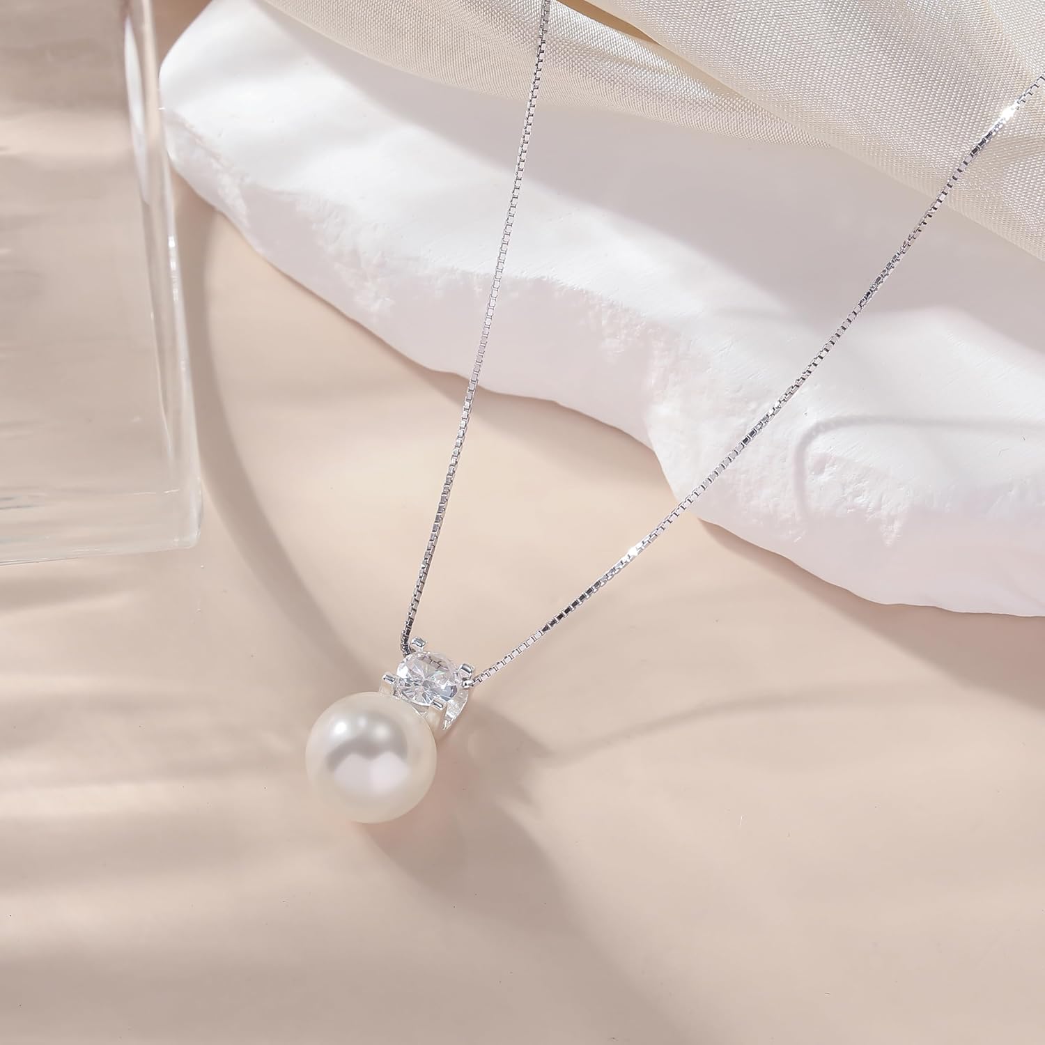 Sterling Silver White/Pink Pearl Pendant Necklace - 10mm Single Pearl Necklaces for Women Dainty Wedding Jewelry Gifts - Image 2