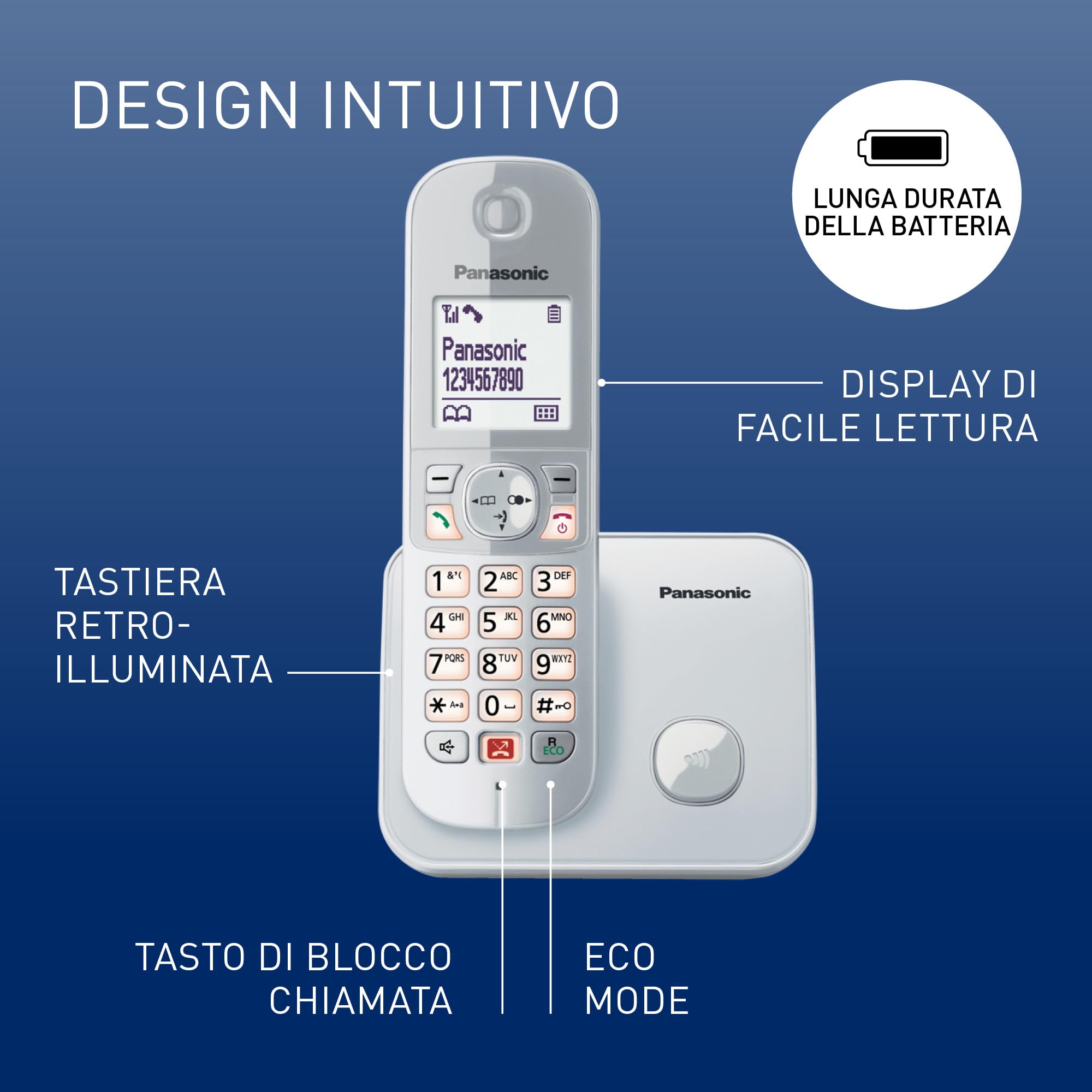 Panasonic KX-TG6851JTS Telefono Cordless Digitale, Unità Base e Ricevitore Singolo, ID Chiamante, Blocco Chiamate Indesiderate, Suoneria Categoria, Display LCD, Tastiera Illuminata, Argentato