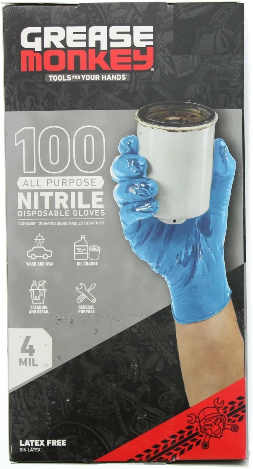 Grease Monkey All Purpose 4 Mil Thickness Disposable Nitrile Gloves - 100 Count, blue, fits all (13570-110)