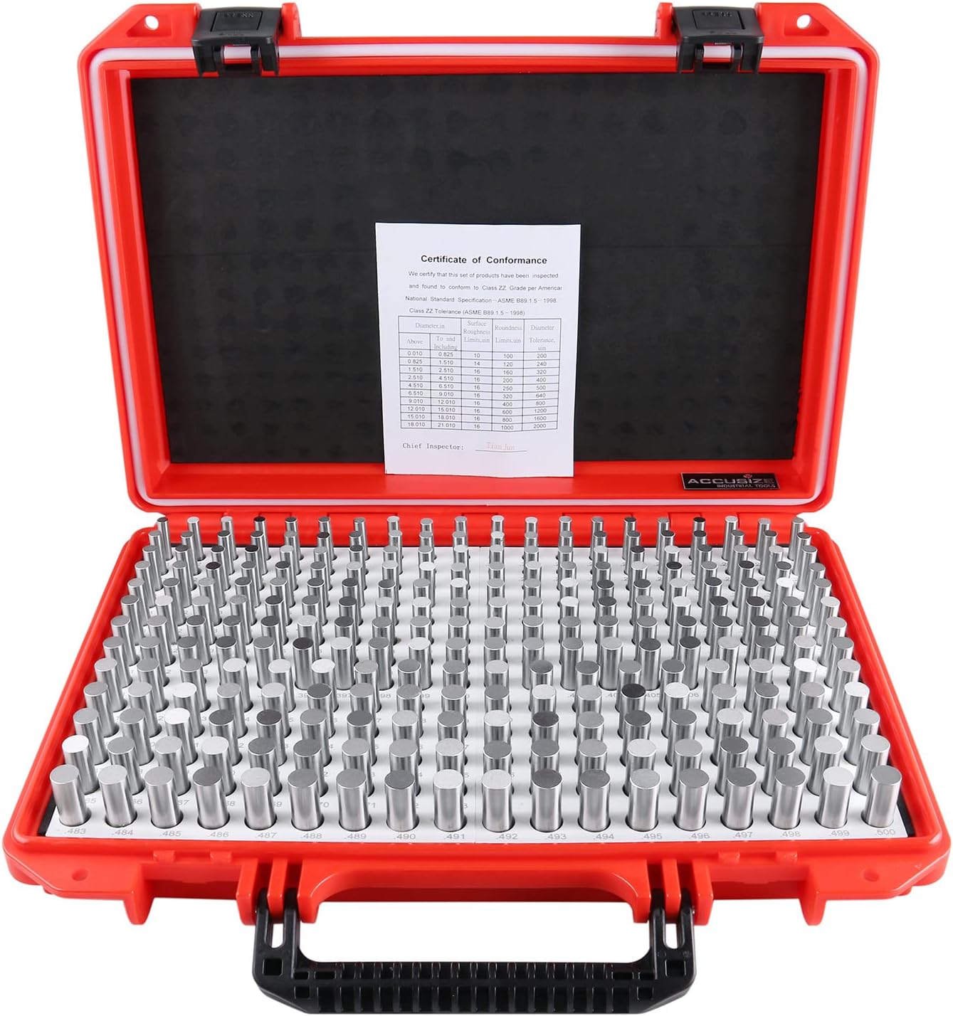 Accusize Industrial Tools 0.251''-0.500'', 250 Pc/Set Steel Plug Pin Gage Set, Minus, Class Zz, M2(-)
