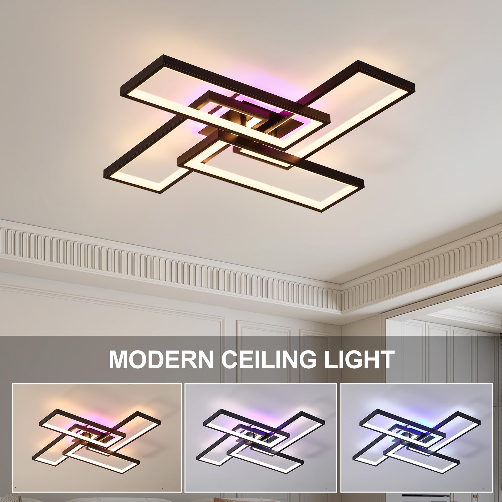 Plafoniera LED Soffitto 50W, Dimmerabile, 4 Rettangoli, Nero,3000LM | Lampadario Moderno 3000-6000K con Telecomando e APP, Luce RGB Sincronizzata per Soggiorno, Camera da Letto, Ufficio, Cucina