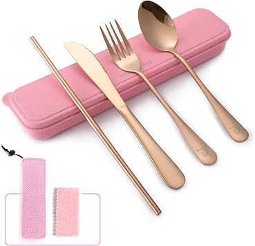 Boulder Bee Travel Utensils Set Stainless Steel with Carrying Case Rose