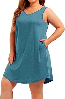 Plus Size V Neck Tank Nightgowns Women Sleepwear Sleeveless Night Gown Dresses Sleep Shirts with Pockets - Buy now