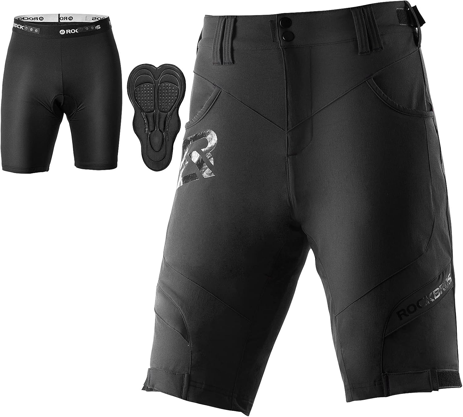 ROCKBROS Men’s Mountain Bike Shorts with Detachable 4D Padded Liner, Hook-&-Loop Waist & Zipper Pocket Lightweight Baggy