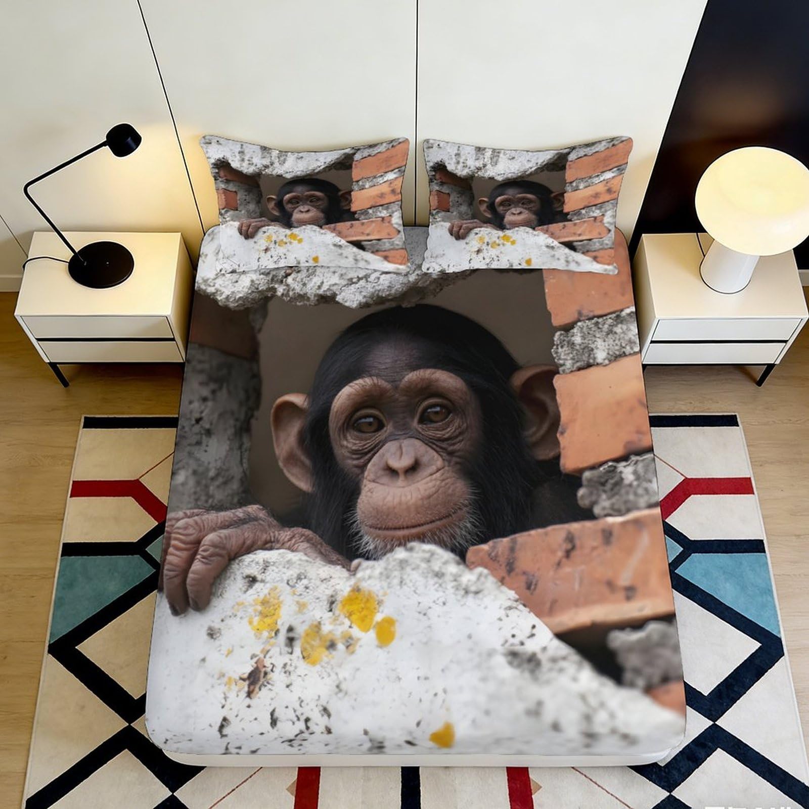 3D Printed Monkey Brick Wall Fitted Sheet Microfiber Soft Mattress Cover for Bedroom Dorm Mattress Decor 120x200cm 180x200x25cm