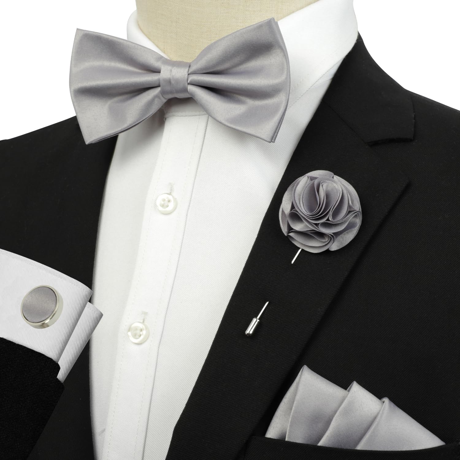 Pre-tied Bow Tie and Pocket Square Cufflinks Set 4PCS Solid Color