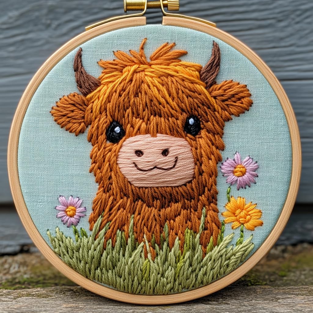 Generic Punch Needle Kit for Beginners, Adults &amp; Kids, Highland Cattle Embroidery Kit