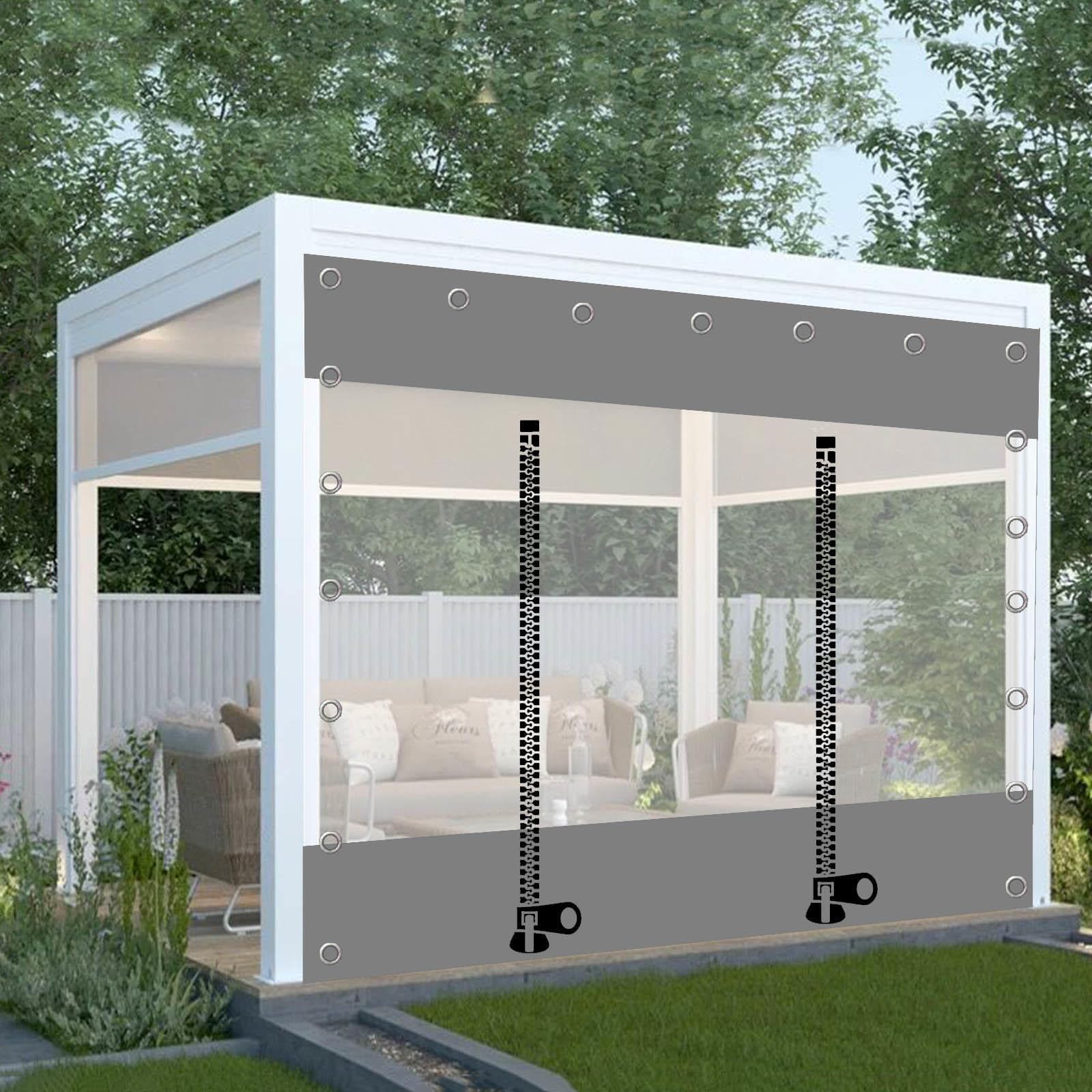 Pannelli Laterali in Telone Grigio Trasparente,Tende in Teloni Impermeabile Trasparenti Chiaro Per Esterni Con Porta a Zip,Tenda Antipioggia in Telo Pvc Per Pergola Patio,W×H-1.9×2.5m(6.2*8.2ft)