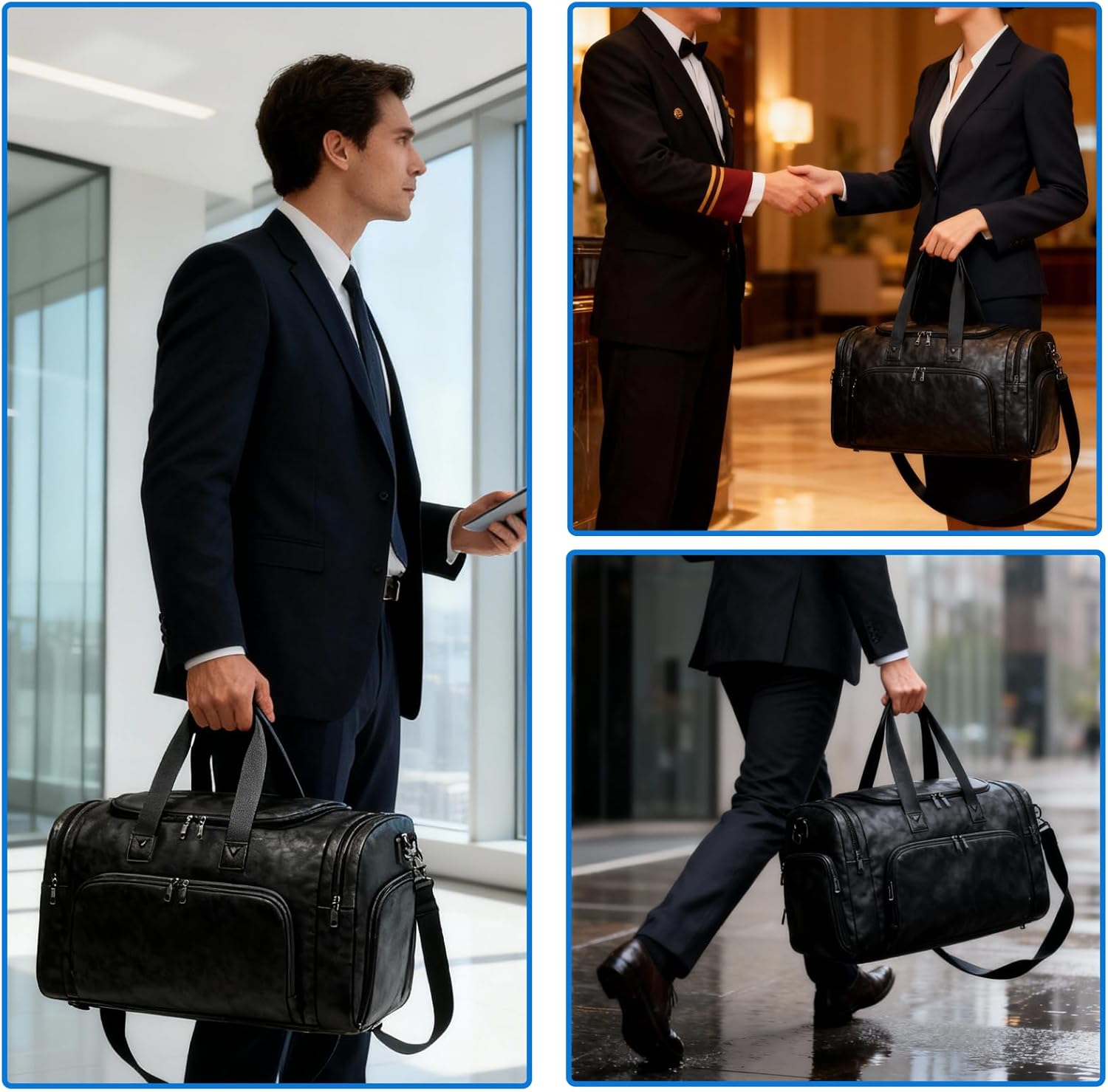 Leather Travel Duffle Bags for Men Women, Weekender Overnight Bag with Shoe Compartment Waterproof Carry on Duffle Bags for Airplanes Gym Sport Business Bag