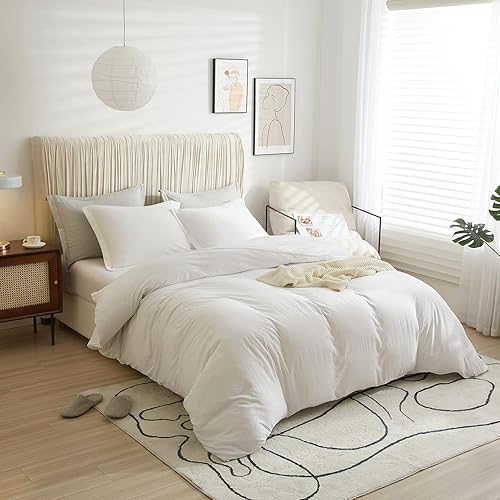 Miniatura 2 de VClife Juego de funda de edredón blanca de microfibra lavada, tamaño California King, juego de ropa de cama blanca de 3 piezas, 1 funda de edredón