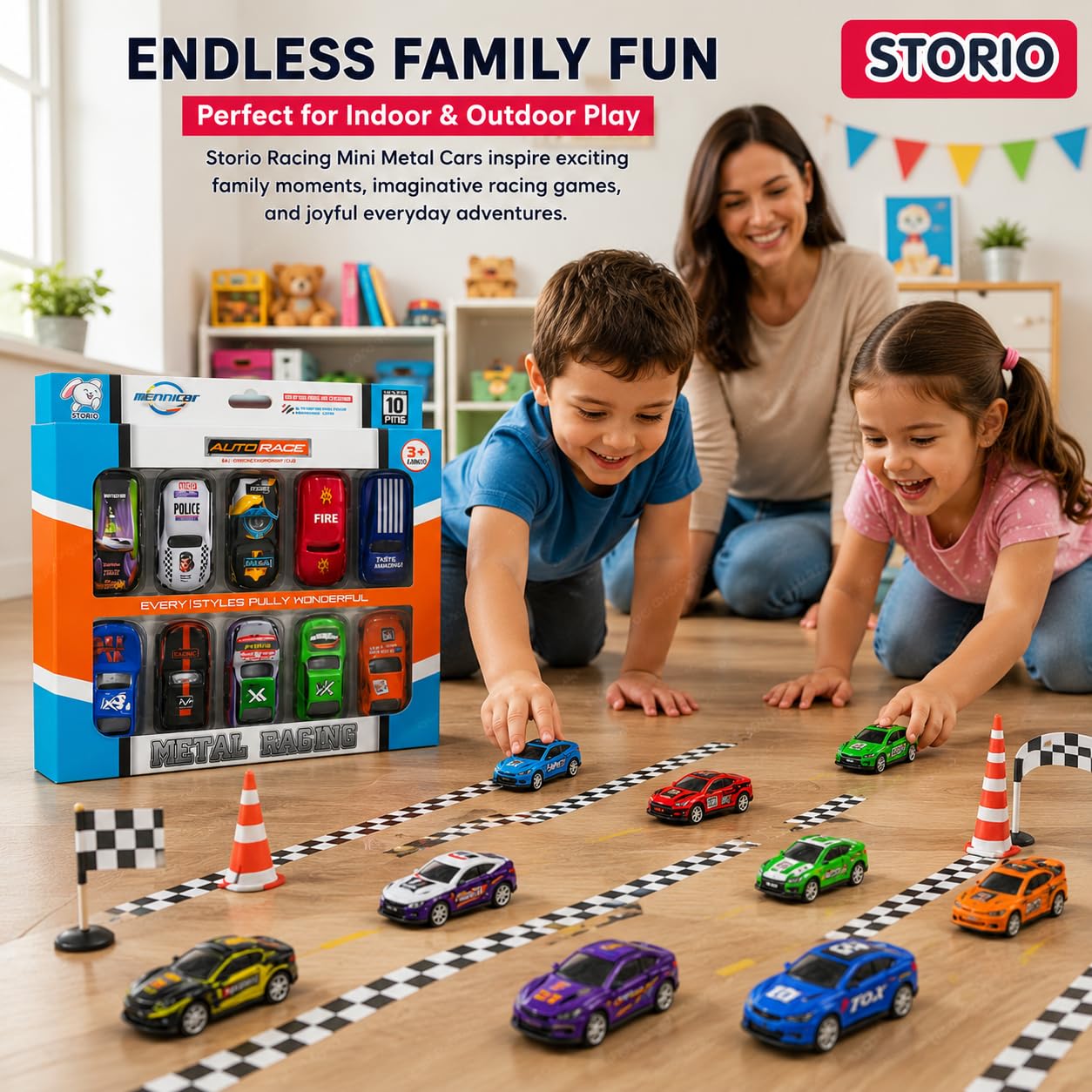 Storio Pack of 10 Racing Mini Metal Cars Set for Kids | Pull Back Vehicles | Khilona Car Toy Set for Boys | Birthday Gift, Return Gift, Diwali Toys (Racing Cars), Assorted — Amazon image 2