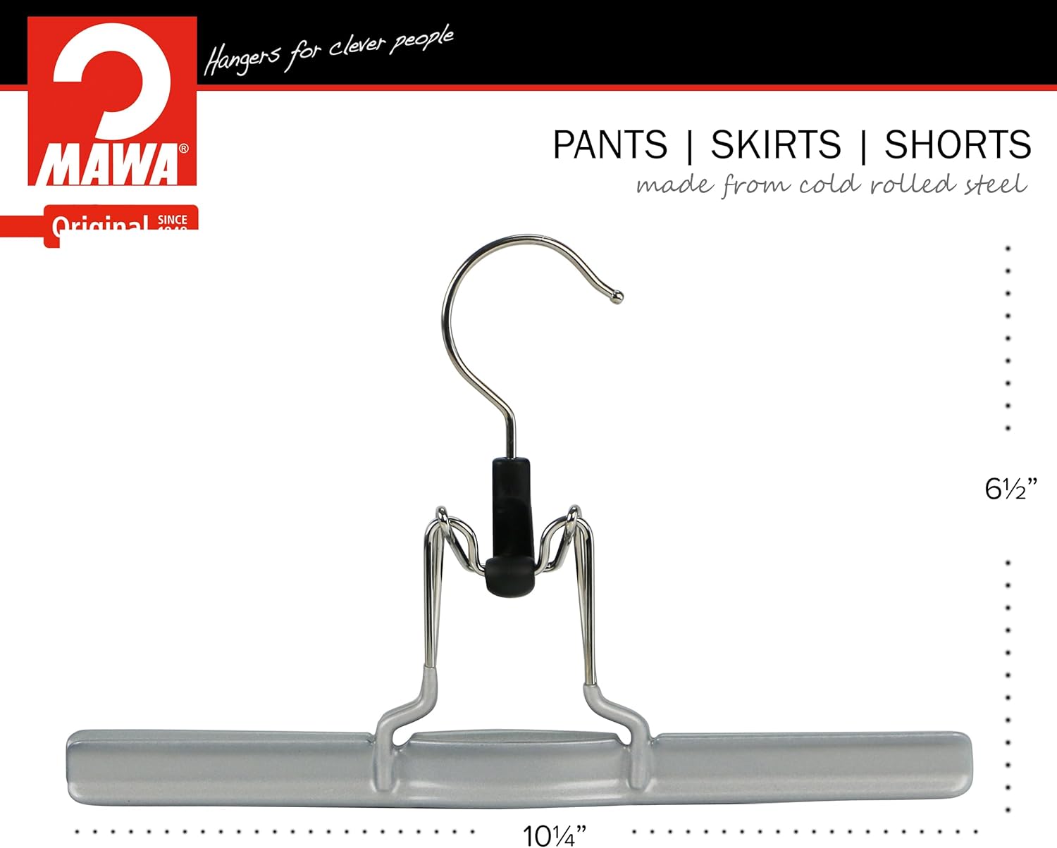 Mawa by Reston Lloyd Non-Slip Space-Saving Clothes Hanger with Clamp for Pants and Skirts, Style M/26, Set of 6, Silver