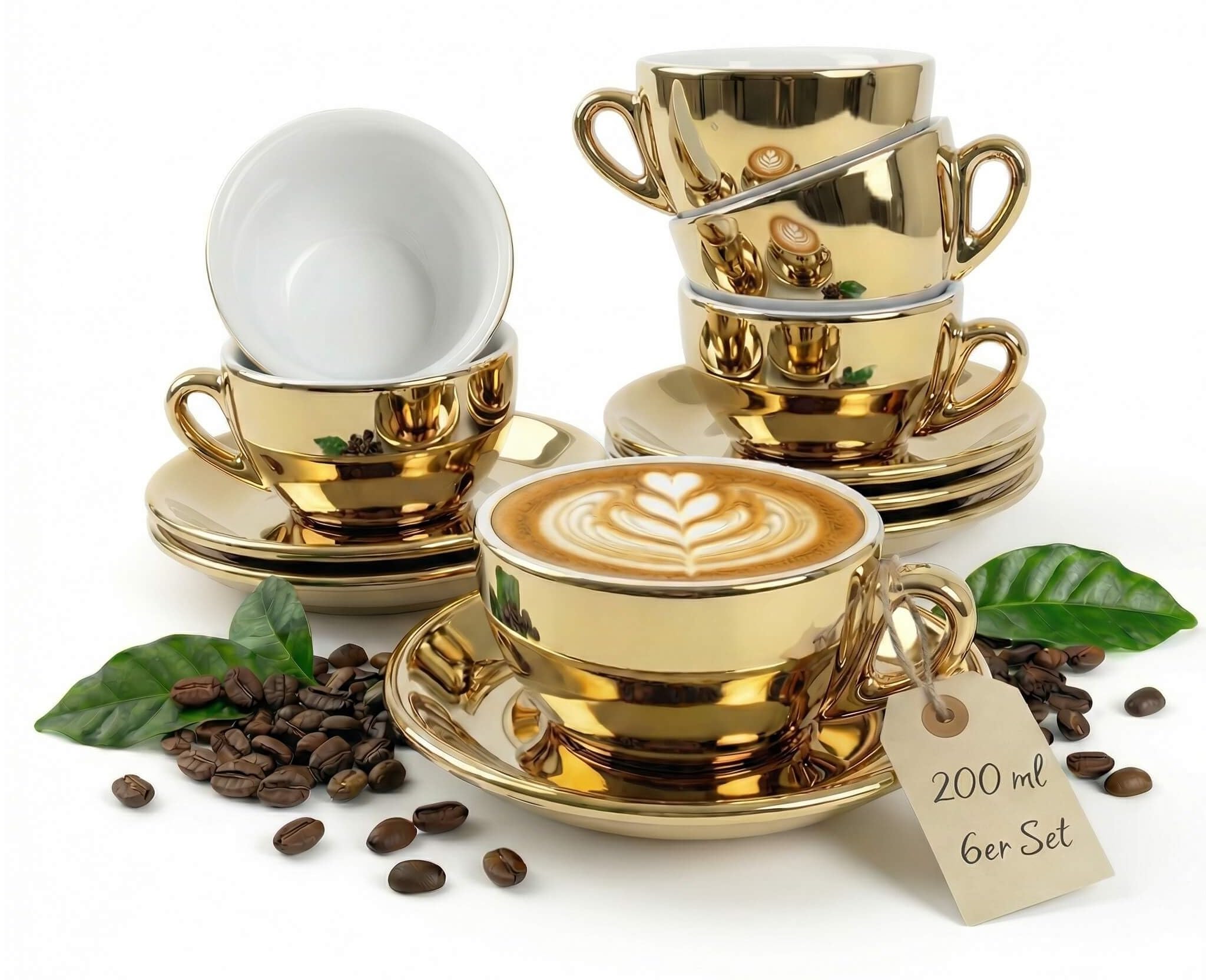 6 x filiżanka do cappuccino 200 ml | złoty - chrom | styl włoski | grube ścianki i ciężkie | zestaw 6 filiżanek do cappuccino ze spodkami - zestaw upominkowy