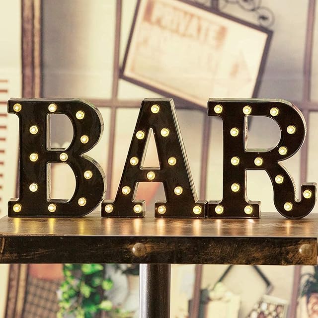 Bright Black Bar Signs for Home Bar, Large LED BAR Letters with Warm White Lights, Battery Operated Home Pub, Bistro Decorations Night Lights-Wall Mounted or Free