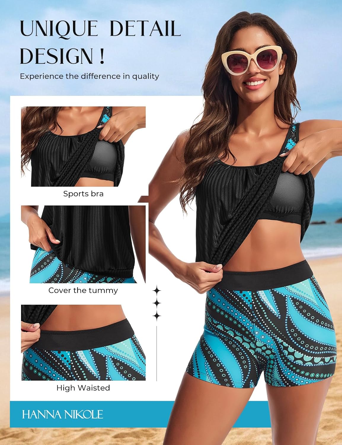 Hanna Nikole Tankini Swimsuits for Women, Textured Modest Swimsuit, Blouson Tankini with Sports Bra and Boyshorts - Image 3