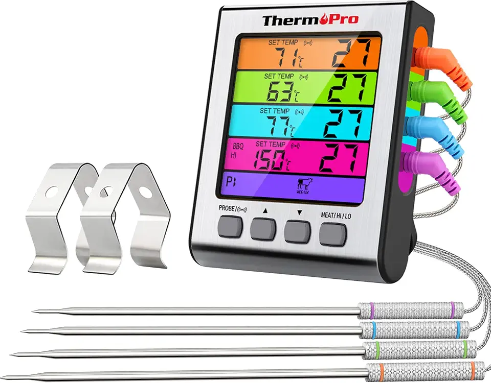 ThermoPro TP17H Digitales Grill-Thermometer Bratenthermometer Fleischthermometer Ofenthermometer mit 4 Edelstahlsonden, Blaue Hinterbeleuchtung, Weinthermometer Temperaturbereich bis 300°C