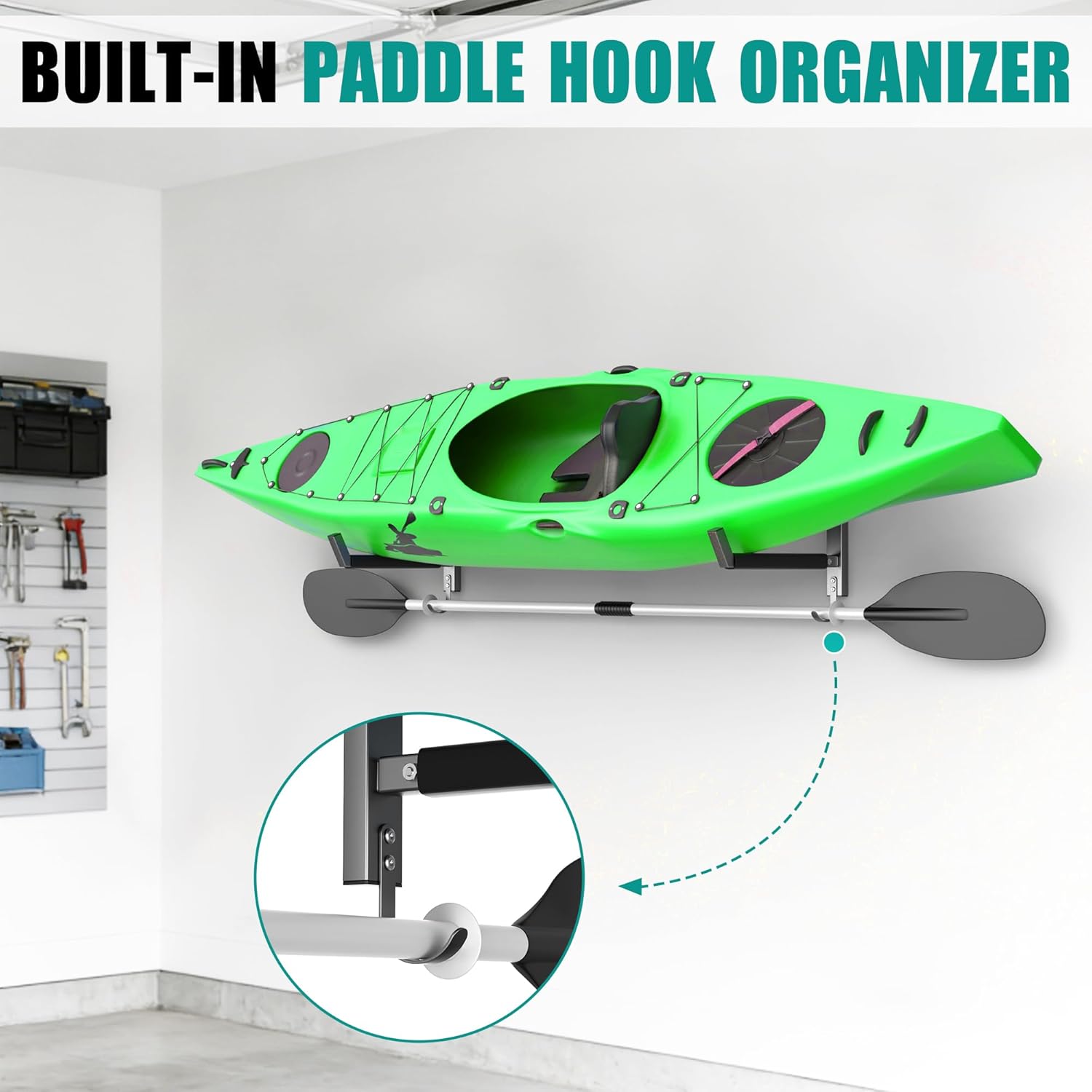 EVERHANGER Wall Mounted Kayak Storage Rack, Heavy Duty Kayak Holder with Paddle Hooks, Canoe Rack for Garage, Indoor & Outdoor Use, 2 Pack