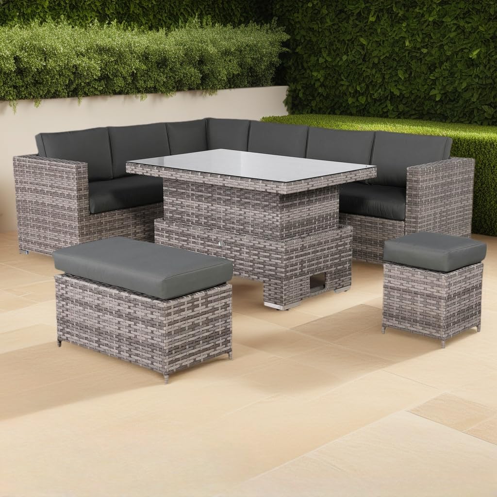Rattan Corner Sofa Set Rattan Garden Furniture Set Patio Corner Sofa Set with Rising Table and Washable Cushions (Grey, 9 seats)