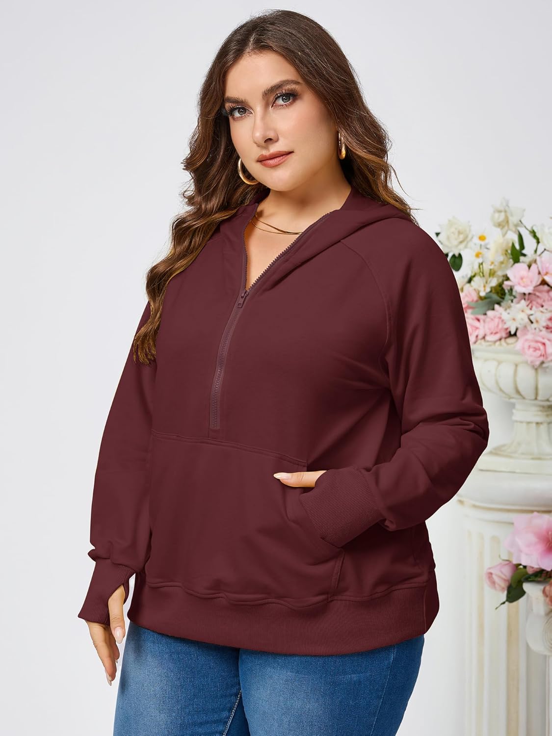 TAKEYAL Womens Plus Size Hoodies Oversized Sweatshirts Half Quarter Zip Pullover Long Sleeve Fall Outfits With Pocket - Image 2