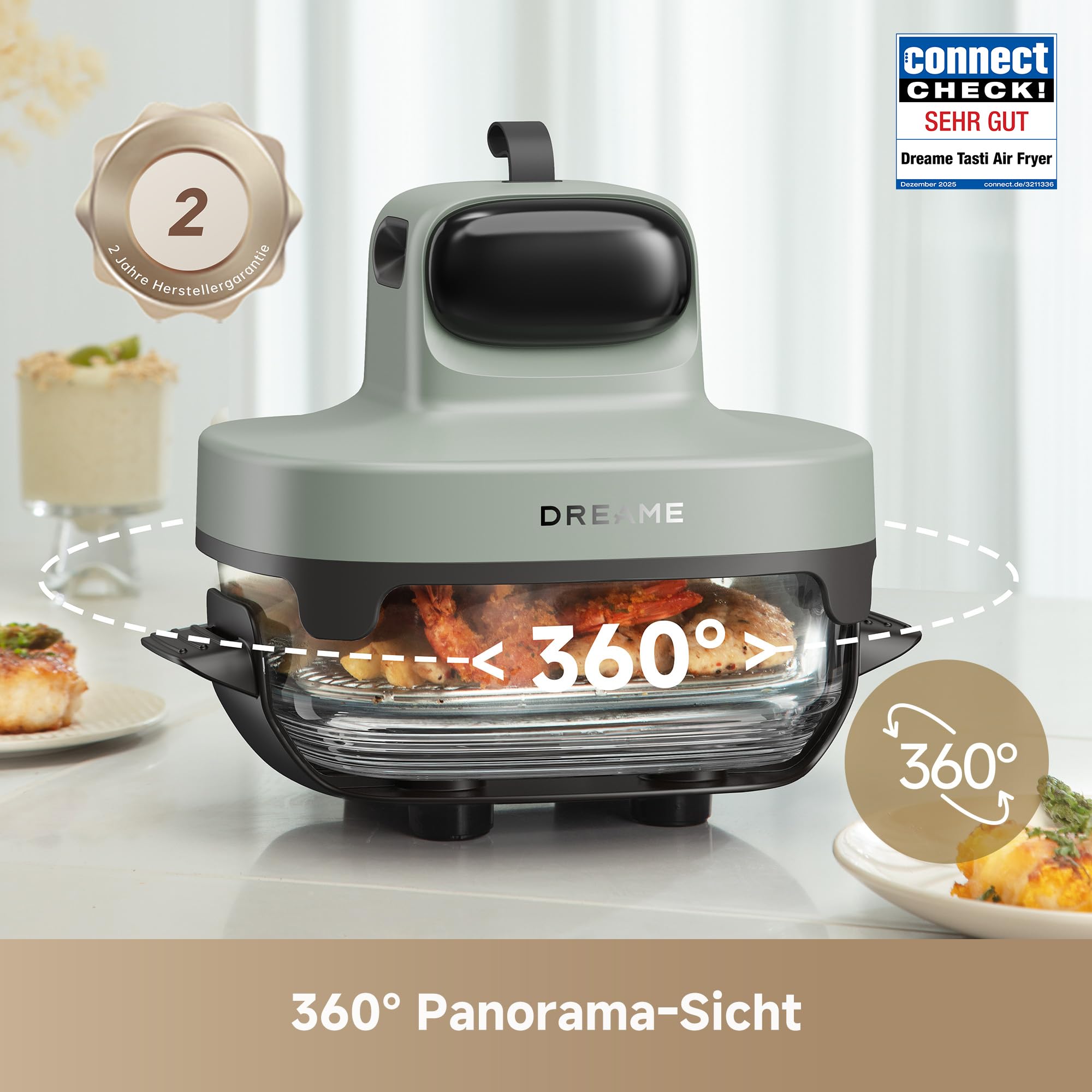 dreame Tasti AirFryer 5-in-1 tragbare Glas-Heißluftfritteuse, Zwei-Behälter-Setup (2,5 L + 4,5 L), 6 mm Borosilikatglas, 3D-Heißluft-Umwälzung, spülmaschinengeeignet, 360°-Panorama-Ansicht, abnehmbar