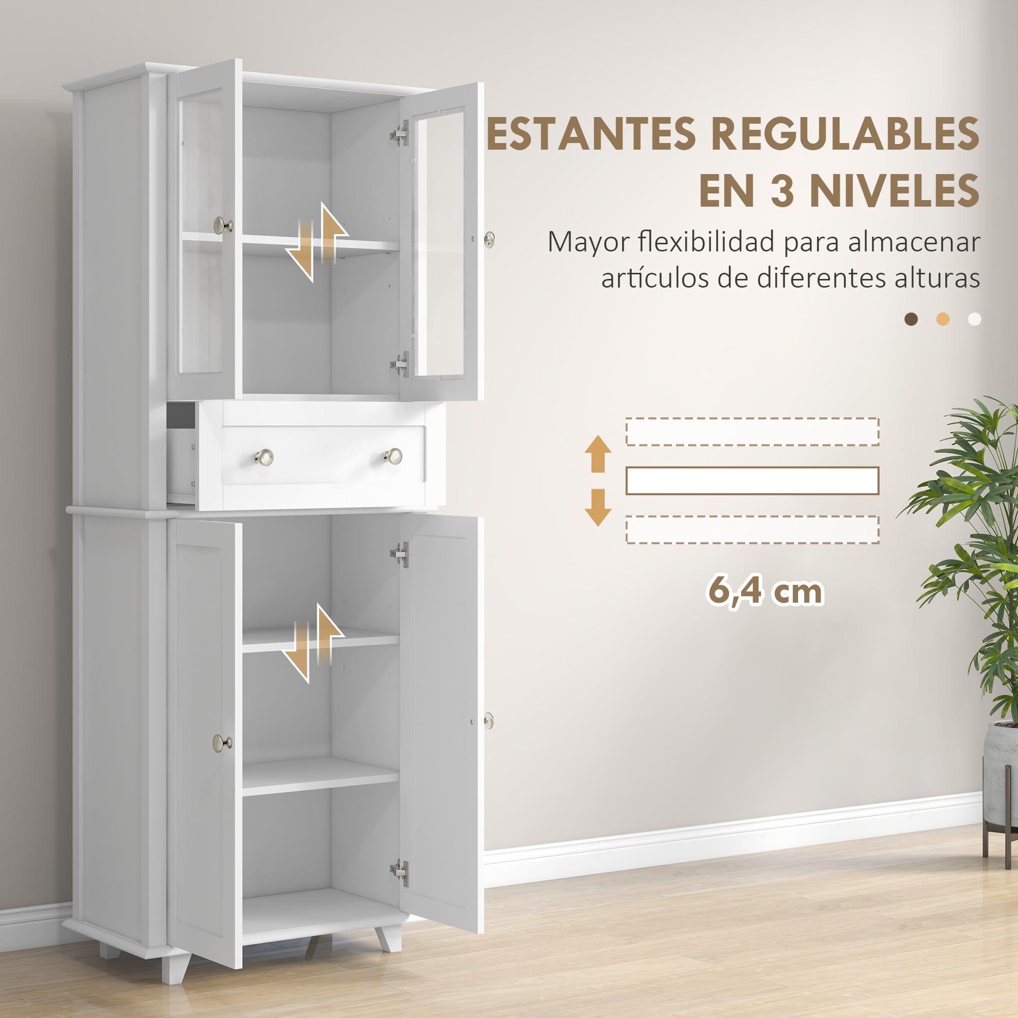 HOMCOM Alacena de Cocina Despensa con 2 Puertas 61x35x168,5 cm Blanco | Armario de Cocina, Vidrio Templado, Cajón, Estantes Ajustables, Aparador para Comedor
