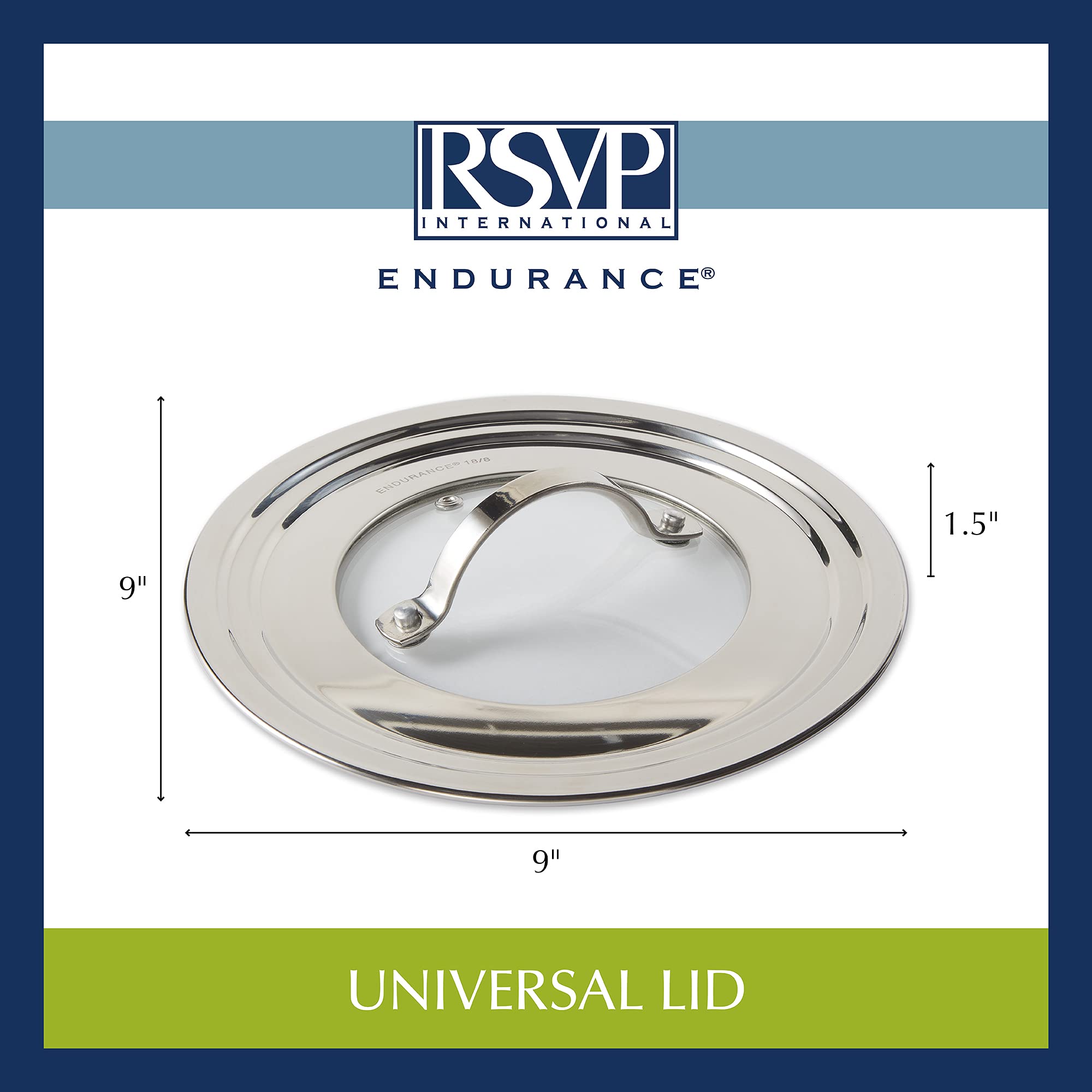 RSVP International Endurance - Coperchio universale con inserto in vetro, in acciaio inox, adatto per pentole e padelle da 14 a 22,9 cm, in vetro temperato sicuro, adatto per friggere, soffriggere, salse, pentole e padelle | lavabile in lavastoviglie e fo