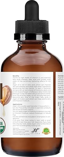 Miniatura 6 de velona Aceite de argán orgánico certificado por la USDA, 4 onzas (con gotero), 100% puro y natural, aceite de Marruecos, sin refinar, prensado en