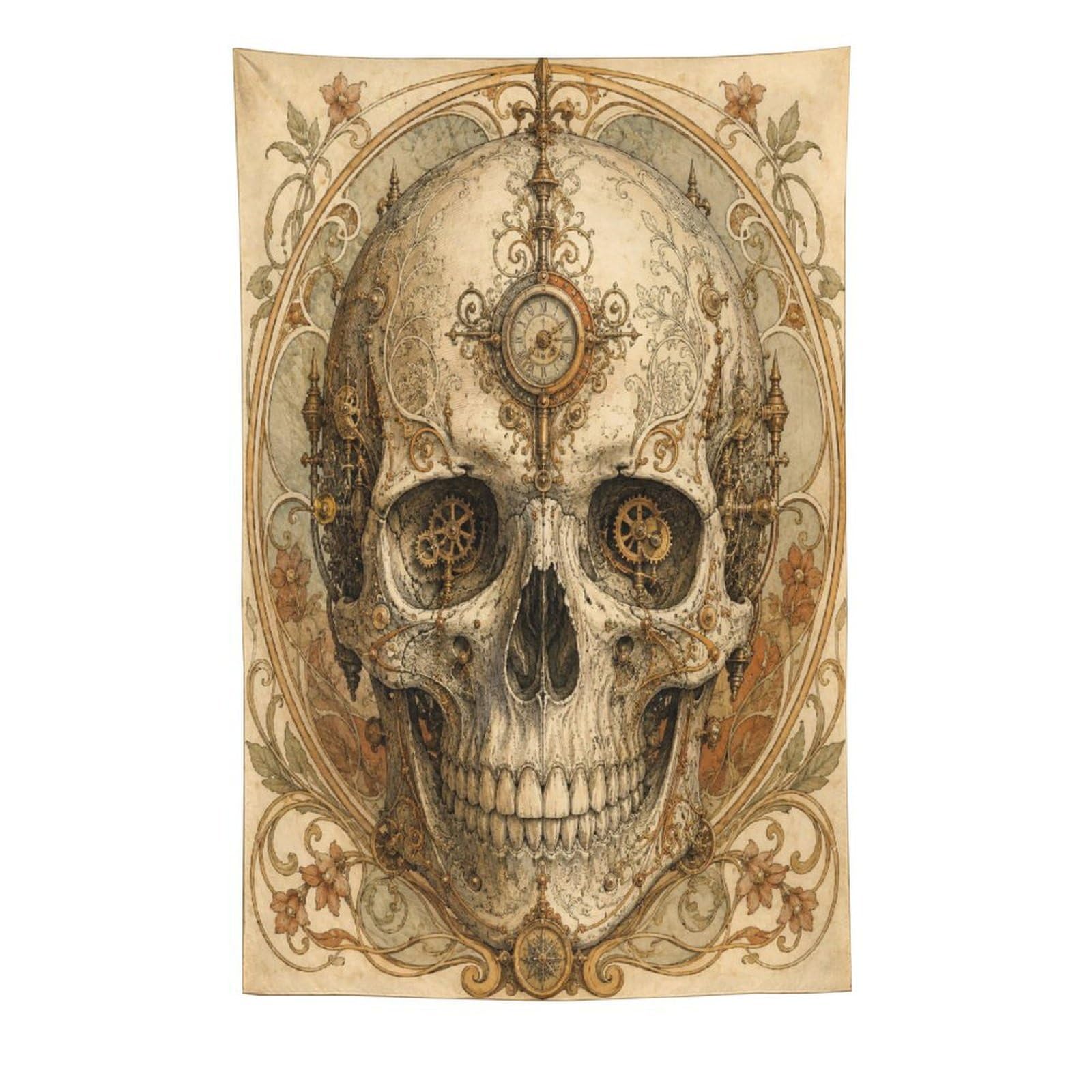 H3B8U2Y5 Clockwork Skull Wall Tapestry, Fantasy Illustration, Backdrop