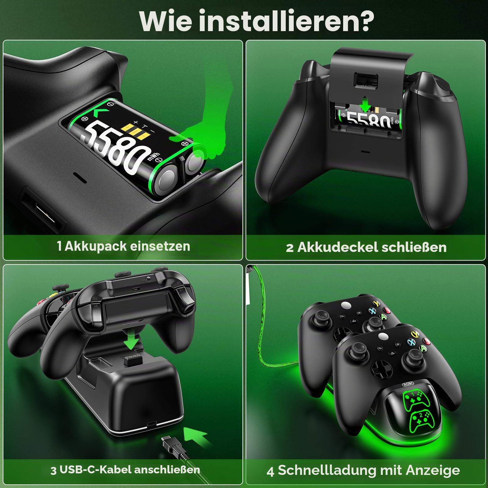 OIVO Xbox Controller Ladestation mit 2X 5580mWh Wiederaufladbaren Akku für Xbox One/Series X/S, Xbox Akku für Controller mit Ladestation