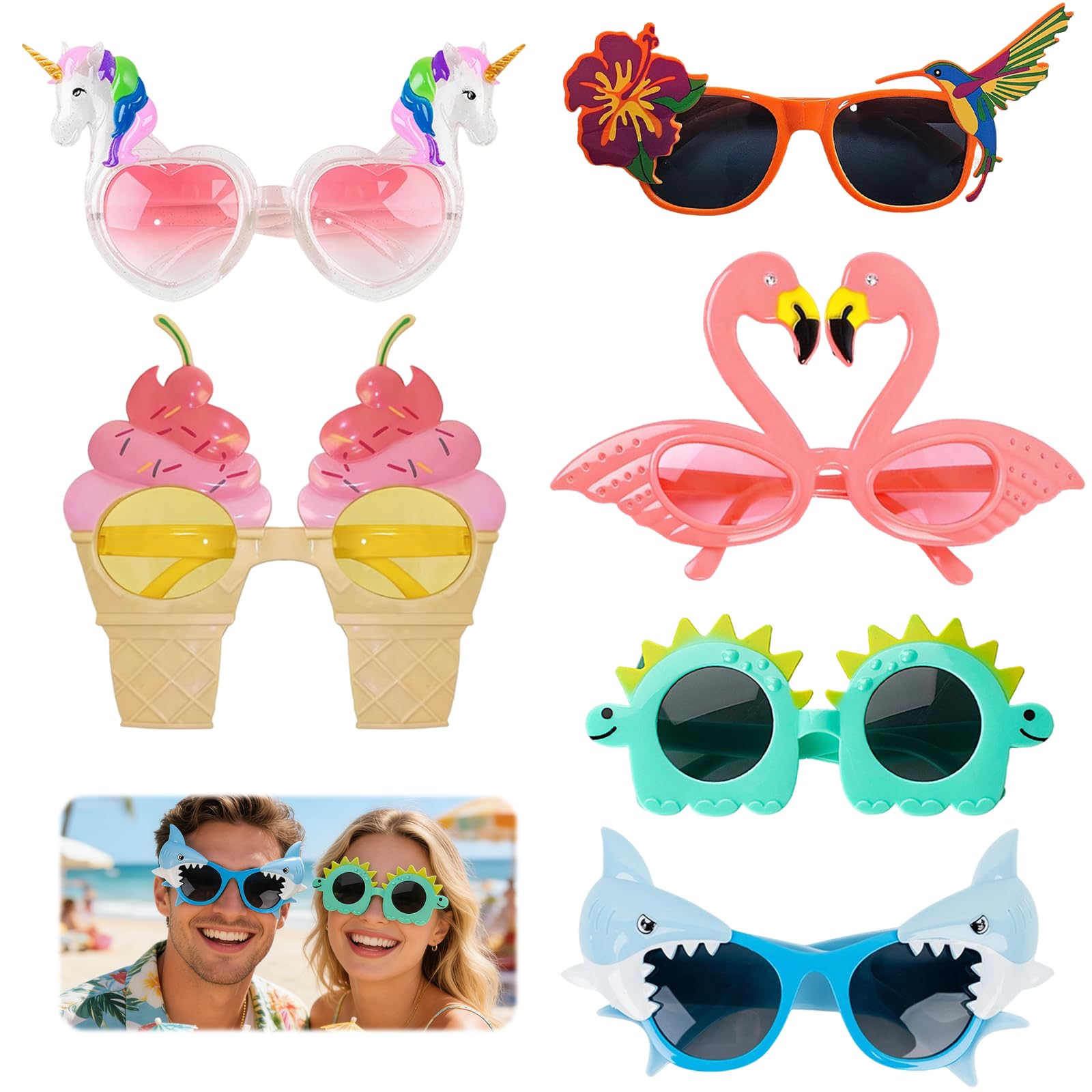 CutitiUU 6 Pair Luau Party Sunglasses,Hawaiian Eyewear Party Fancy Dress Costume Photo Booth Props,Funny Sunglasses, Tropical Sunglasses, Photo Prop Party Supplies Summer Luau Party Supplies